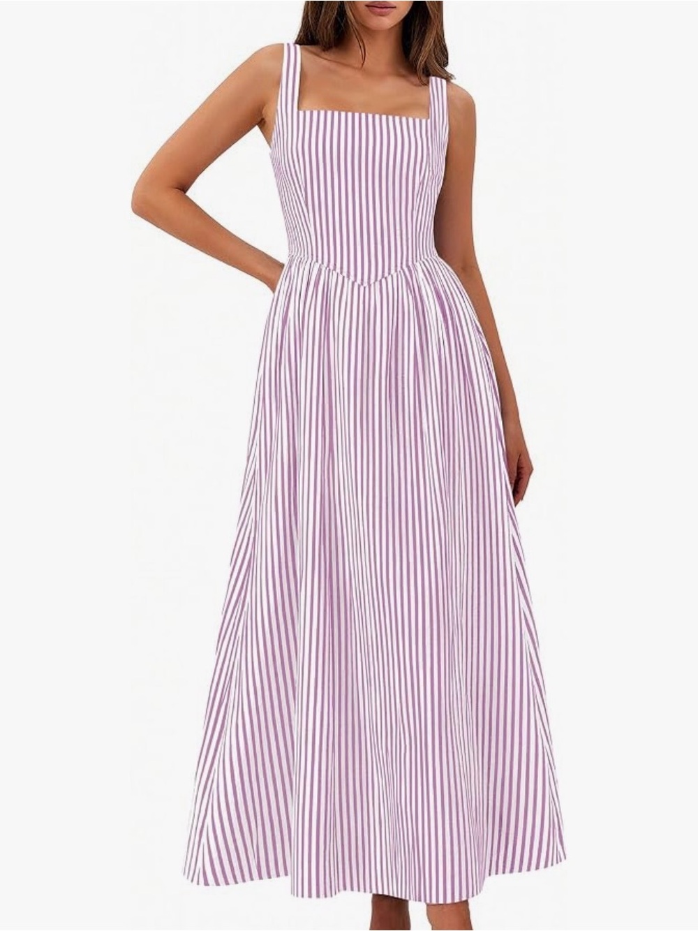 Striped Lilac Square-Neck Midi Dress - Picture 2 of 6